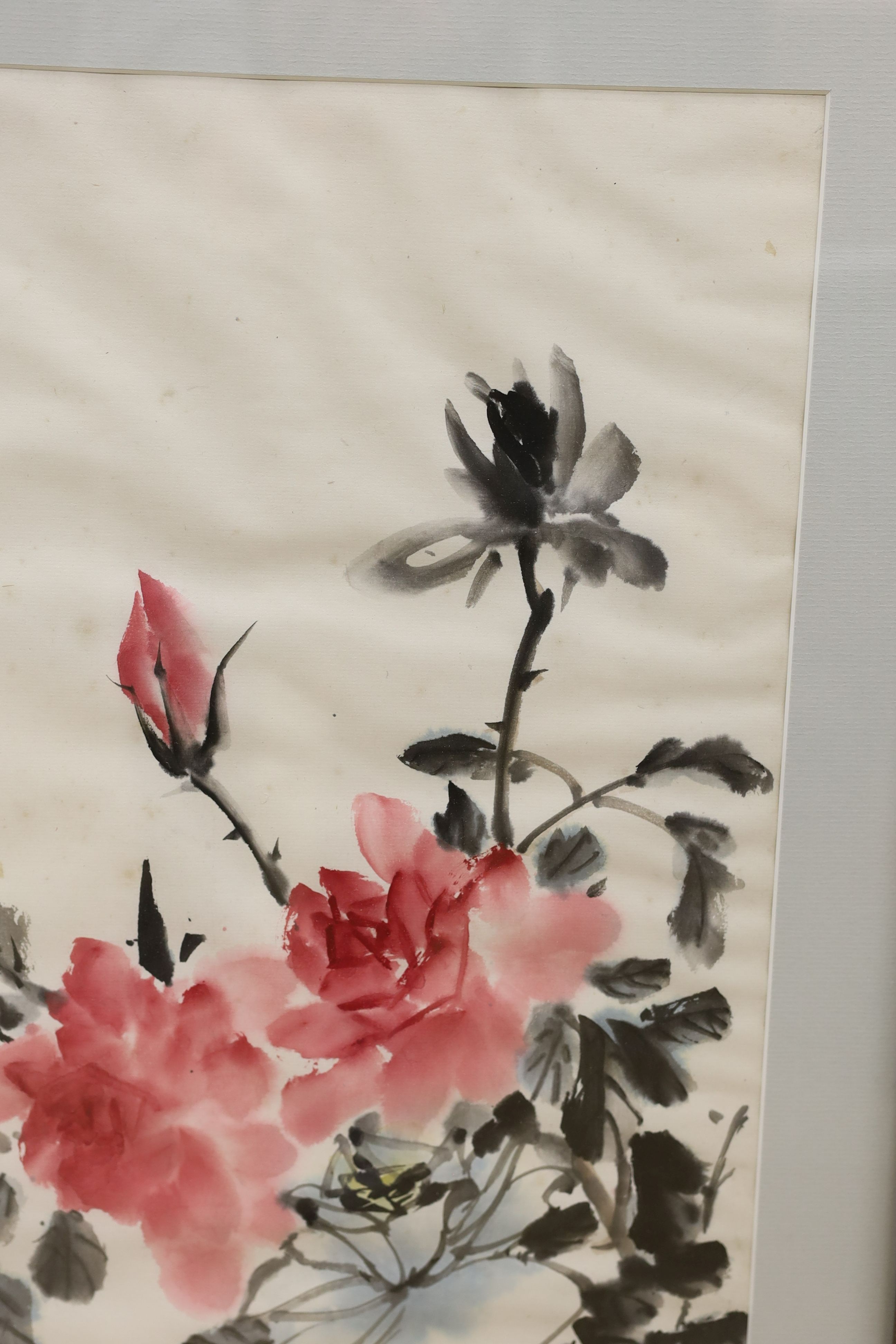 A Chinese painting on paper of peonies 67x44cm